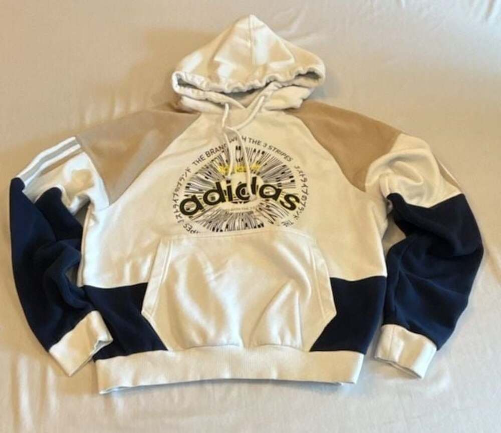 Adidas Colorblocked Graphic Hoodie Sweatshirt White Tan Blue Size S